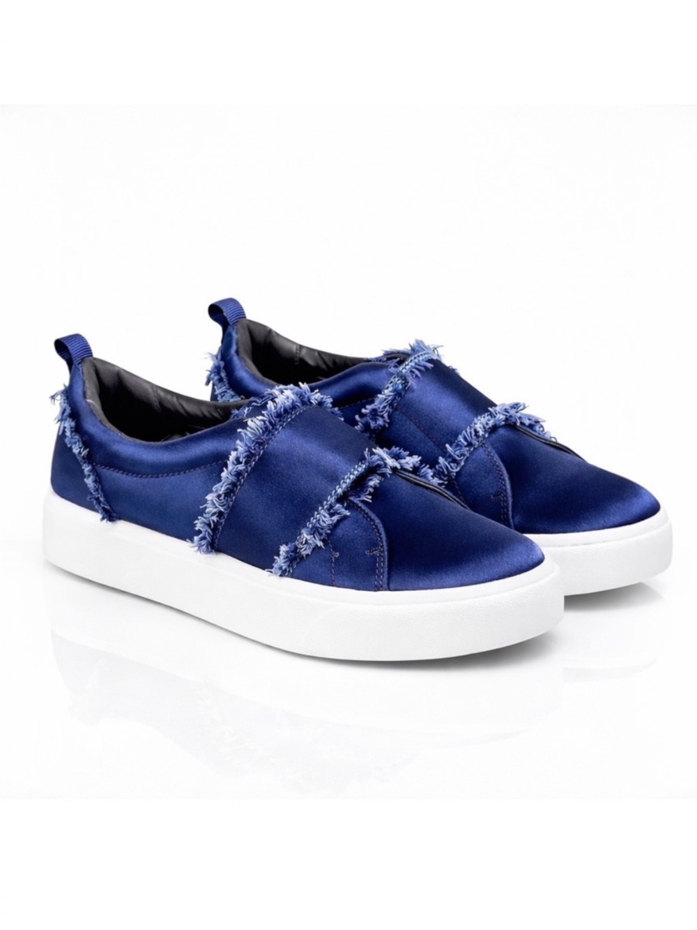Sam Edelman Levine Navy Blue Satin Frayed Slip-On Loafers Women’s Size 8.5